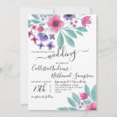 Elegant Roze Paarse Waterverf Bloemenbruiloft Kaart (Voorkant)