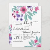 Elegant Roze Paarse Waterverf Bloemenbruiloft Kaart (Voorkant / Achterkant)