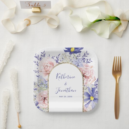 Elegant Roze Paarse Waterverf Bloemenbruiloft Papieren Bordje (Huwelijk)