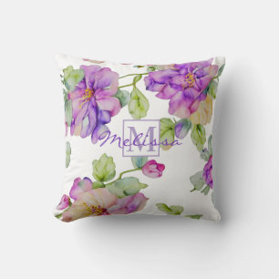 Elegant roze paarse waterverf floral monogram kussen