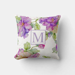 Elegant roze paarse waterverf floral monogram kussen