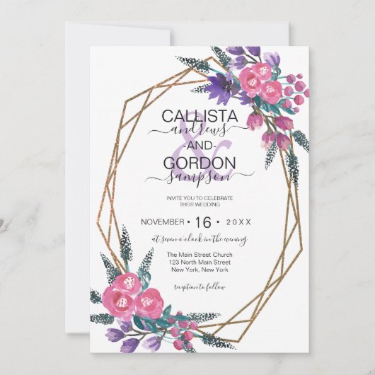 Elegant roze Paarse Waterverf Flowers Weddenschap Kaart (Voorkant)