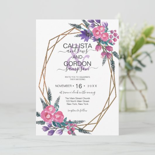 Elegant roze Paarse Waterverf Flowers Weddenschap Kaart (Staand voorkant)