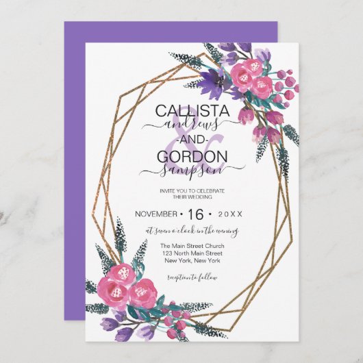 Elegant roze Paarse Waterverf Flowers Weddenschap Kaart (Voorkant / Achterkant)