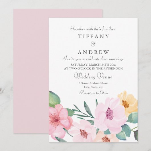 Elegant roze peach yellow Floral Wedding Invite Kaart (Voorkant / Achterkant)