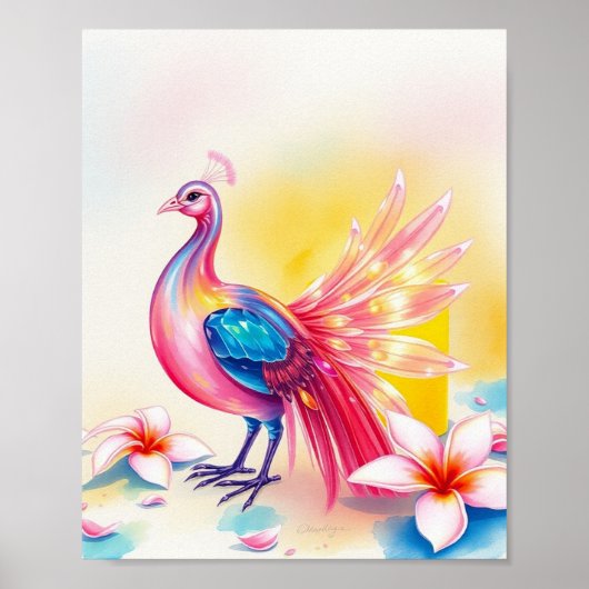 Elegant roze Peacock Waterverf Poster (Voorkant)