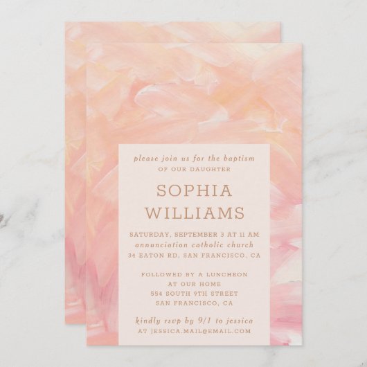 Elegant roze penseelpenselen geschilderd baptisme kaart (Voorkant / Achterkant)