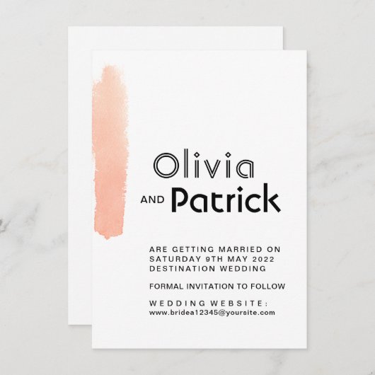 Elegant roze penseelstreek. Moderne simpele bruilo Save The Date (Voorkant / Achterkant)