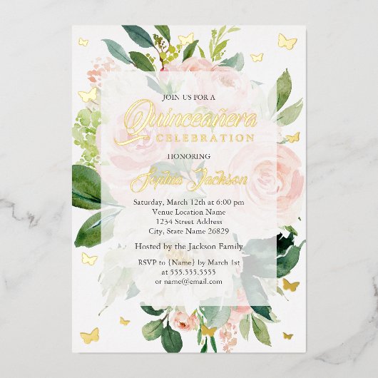 Elegant Roze Perzik Bloom Quinceanera Folie Uitnodiging (Voorkant)