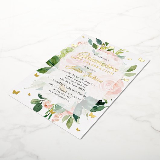 Elegant Roze Perzik Bloom Quinceanera Folie Uitnodiging (Gedraaid)