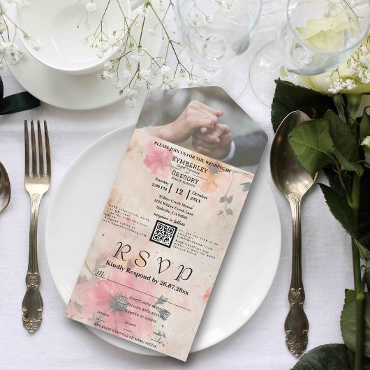 Elegant Roze Perzik Waterverf Bloemen QR Code Foto All In One Uitnodiging