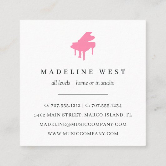 Elegant roze Piano Instructor Music Teacher Vierkante Visitekaartje (Achterkant)
