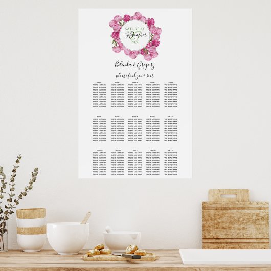 Elegant roze pinda's Wedding Seding Chart Poster (Keuken)