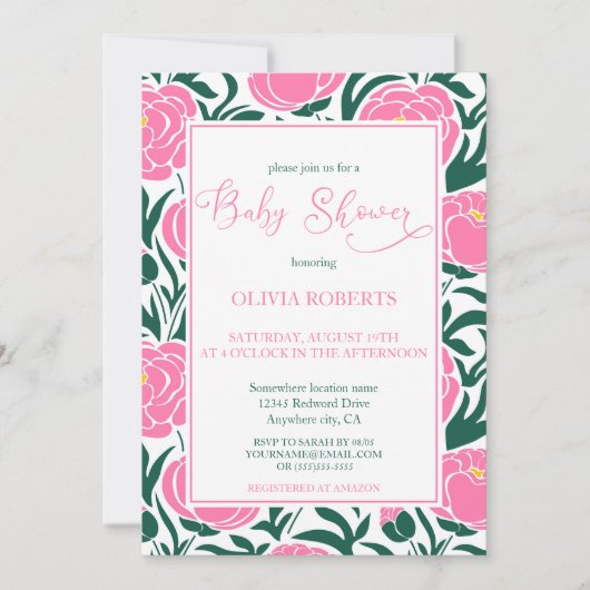 Elegant Roze Pioen Bloemen Baby shower Kaart (Voorkant)