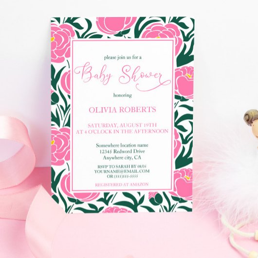 Elegant Roze Pioen Bloemen Baby shower Kaart
