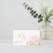 Elegant roze pioen bloemist monogram visitekaartje (Staand voorkant)