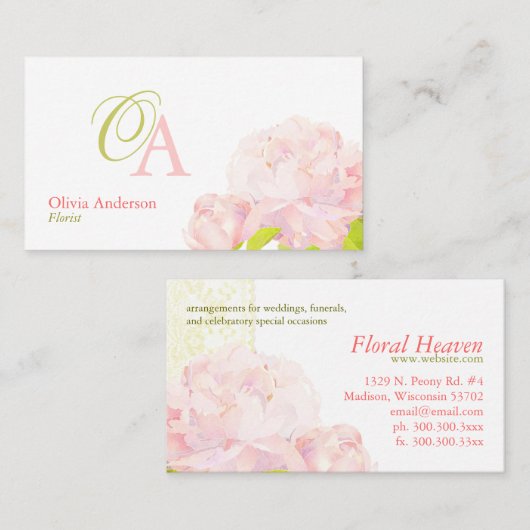Elegant roze pioen bloemist monogram visitekaartje (Voorkant / Achterkant)