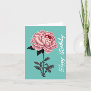Elegant  Roze Pioen Happy Birthday Green Kaart