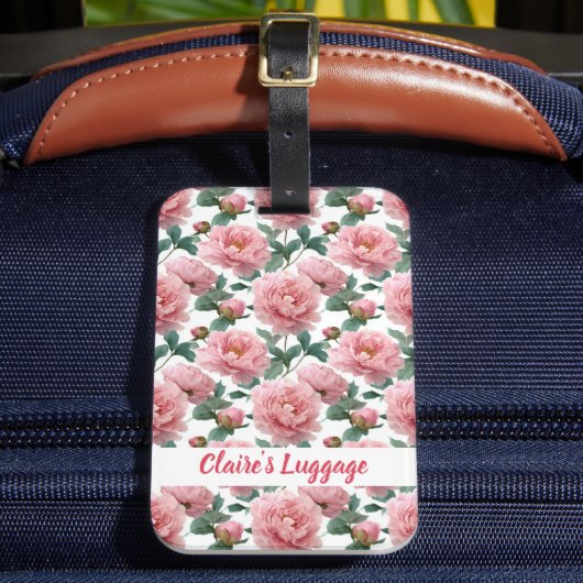 Elegant roze pioen patroon bagagelabel (Voorkant Insitu 2)