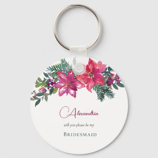 Elegant Roze Poinsettias Kerstmis Bruiloft Sleutelhanger (Voorkant)