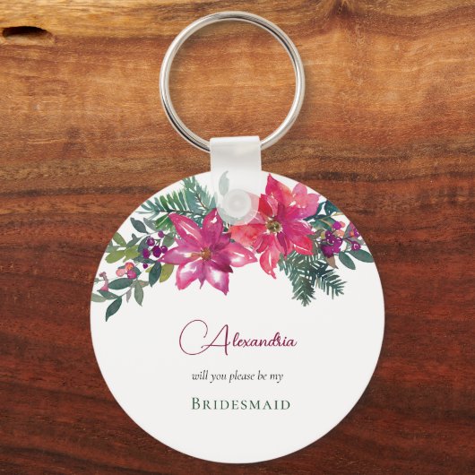 Elegant Roze Poinsettias Kerstmis Bruiloft Sleutelhanger (Voorkant)