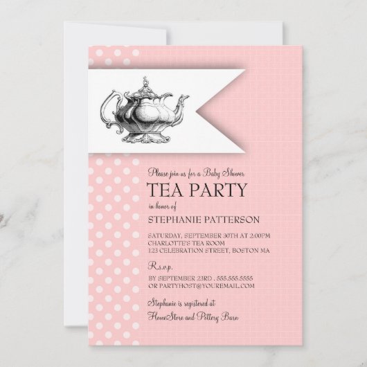 Elegant roze pokadot Baby shower Tea Party Kaart (Voorkant)