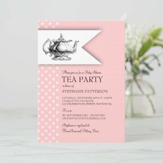 Elegant roze pokadot Baby shower Tea Party Kaart (Staand voorkant)
