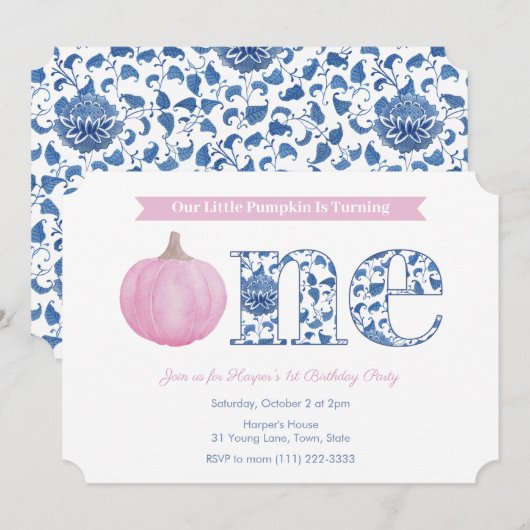 Elegant roze pomkin Baby Girl 1e verjaardag Kaart (Voorkant / Achterkant)