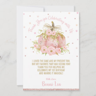 Elegant Roze Pompoen 1e Verjaardagsfeestje Meisje Bedankkaart