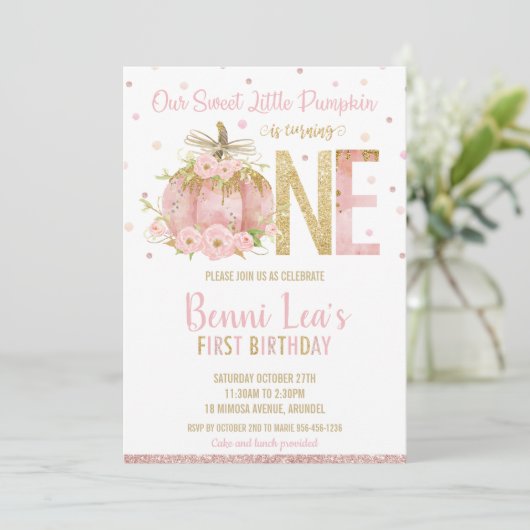 Elegant roze pompoen 1ste verjaardag een meisje kaart (Staand voorkant)