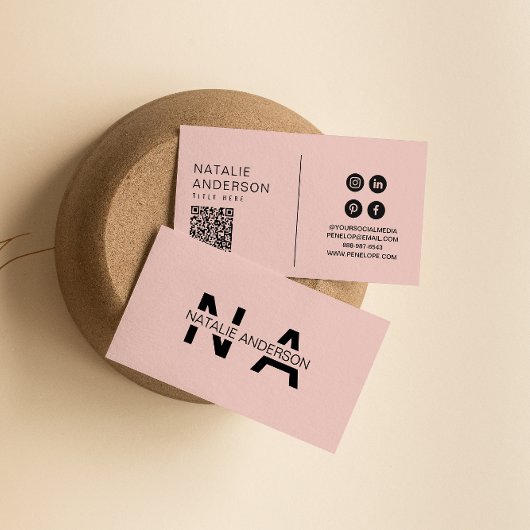 Elegant Roze QR Code Monogram Logo Boho Girly Visitekaartje