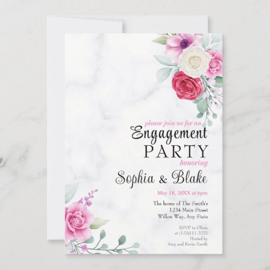 Elegant Roze & Red Floral Marble Engagement Party Kaart (Voorkant)