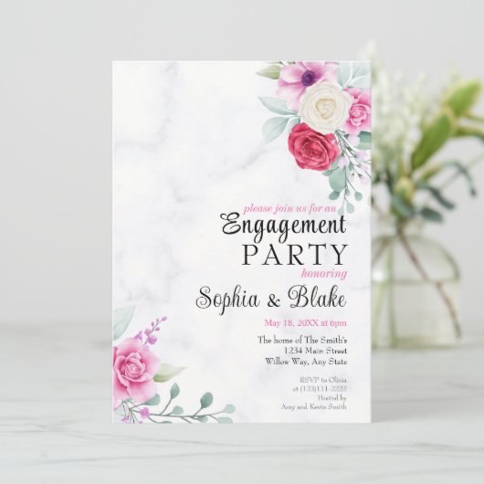 Elegant Roze & Red Floral Marble Engagement Party Kaart (Staand voorkant)