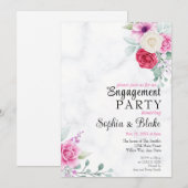 Elegant Roze & Red Floral Marble Engagement Party Kaart (Voorkant / Achterkant)