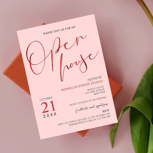 Elegant roze & Red Script Logo Business Open House Kaart