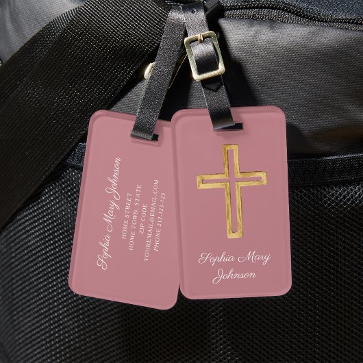 Elegant roze religieus kruis bagagelabel