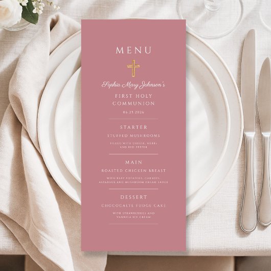 Elegant roze religieus kruis eerste communie menu