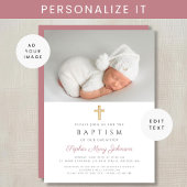 Elegant Roze Religieus Kruis Meisje Foto Doop Kaart