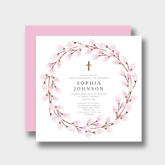 Elegant Roze Religieuze Cross Baptisme Kaart