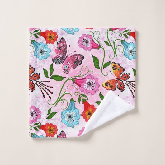 Elegant roze rode blauwe bloemen en vlinder bad handdoek (Wasdoekje)