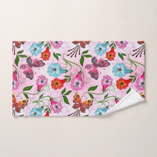 Elegant roze rode blauwe bloemen en vlinder bad handdoek (Handdoek)