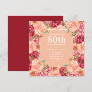 Elegant Roze Rode Bloemige 80ste Verjaardagsfeest  Kaart