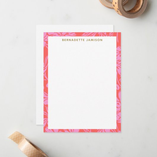 Elegant roze rode botanische rand, speciaal aangep notitiekaartje (Voorkant / Achterkant in situ)