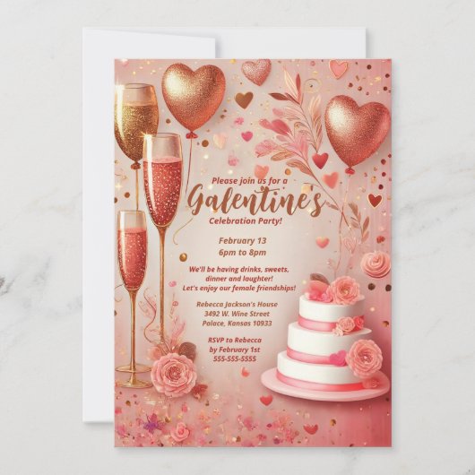 Elegant Roze Rode Champagne Galentijn's Day Party Kaart (Voorkant)
