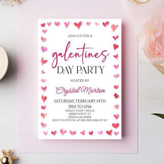 Elegant Roze Rode Harten Galentines Day Party Kaart