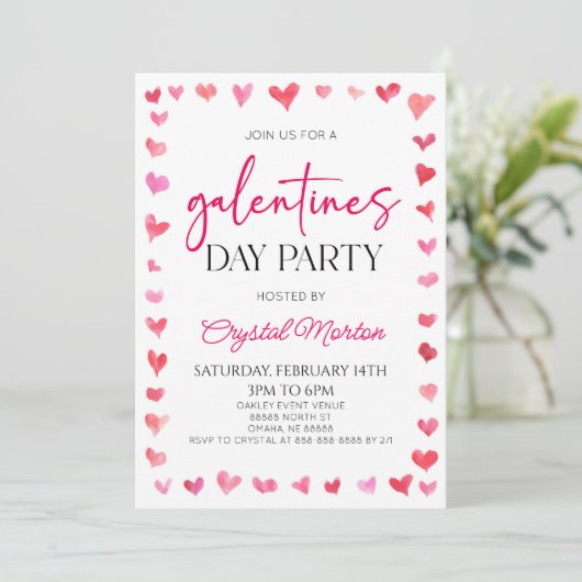 Elegant Roze Rode Harten Galentines Day Party Kaart (Staand voorkant)