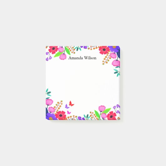 Elegant roze rode paarse bloemen en vlinder post-it® notes (Voorkant)