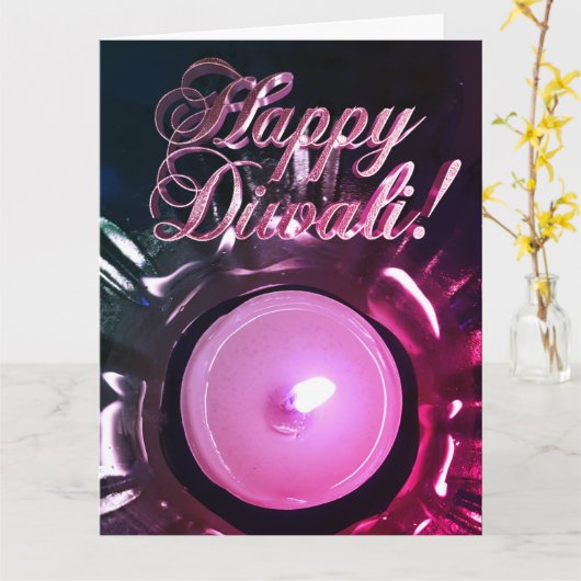 Elegant roze rood diwali licht kaarslicht kaart (Gele Bloem)