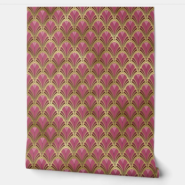 Elegant Roze Rood Goud Art Deco  Patroon Behang (Afrollen)