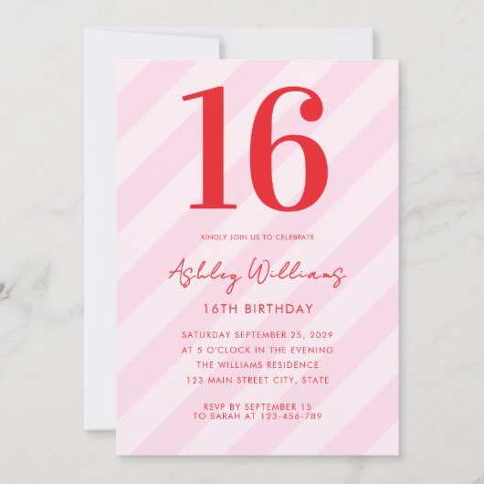 Elegant Roze Rood Modern 16e verjaardag Kaart (Voorkant)